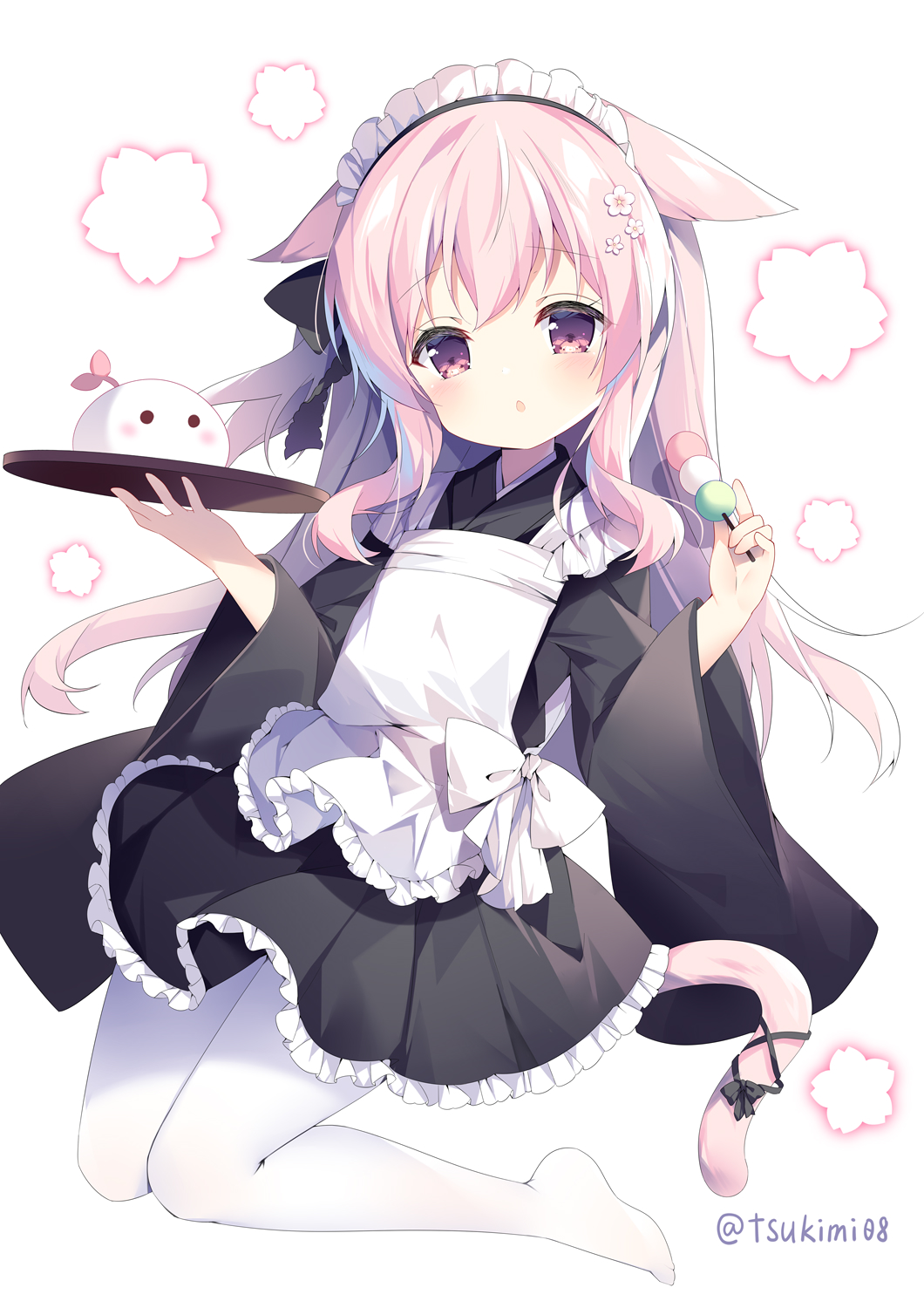 1girl :o animal_ear_fluff animal_ears apron arms_up artist_name azur_lane bangs black_kimono blush bow cat_ears cat_tail commentary_request dango eyebrows_visible_through_hair flower food frilled_skirt frills full_body hair_between_eyes hair_flower hair_ornament highres holding holding_food holding_tray japanese_clothes kimono kisaragi_(azur_lane) kneeling long_hair looking_at_viewer maid maid_headdress open_mouth pantyhose pink_eyes pink_hair ribbon sanshoku_dango side_ponytail sidelocks simple_background skewer skirt solo tail tail_bow tail_ornament tail_ribbon tray tsukimi_(xiaohuasan) twitter_username wagashi white_apron white_background white_legwear