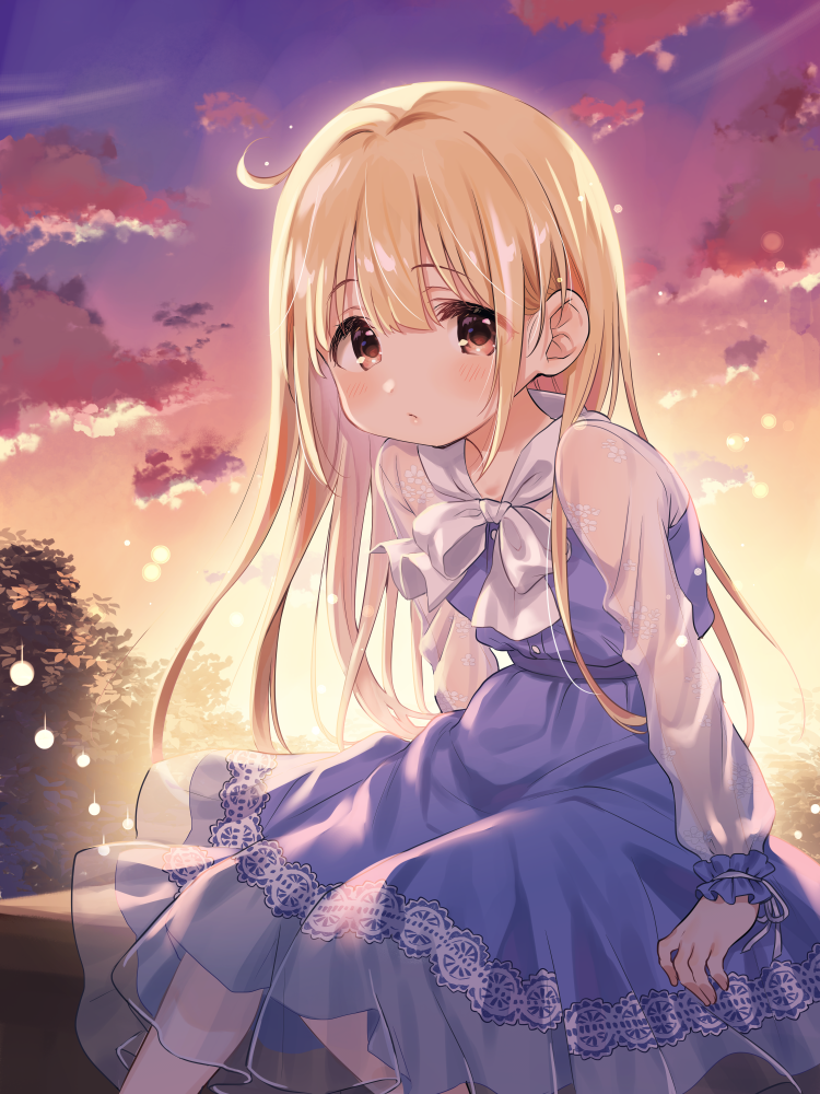 1girl bangs blonde_hair blue21 blue_dress blush bow brown_eyes closed_mouth clouds cloudy_sky commentary_request dress eyebrows_visible_through_hair futaba_anzu hair_between_eyes hair_down idolmaster idolmaster_cinderella_girls long_hair long_sleeves looking_at_viewer outdoors see-through see-through_sleeves sitting sky solo sunset tree very_long_hair white_bow