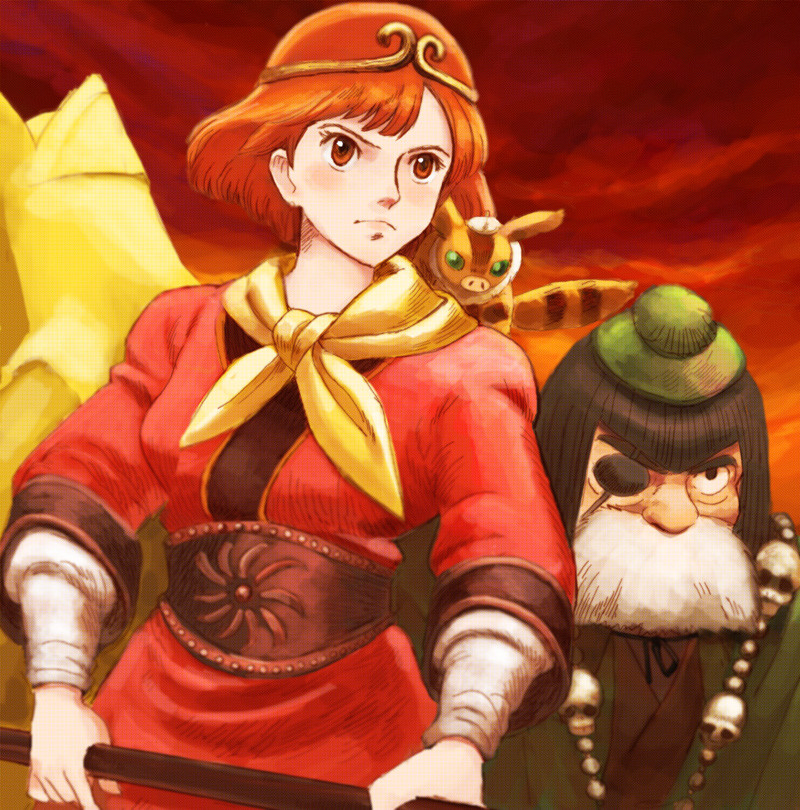 1girl animal breasts brown_eyes brown_hair circlet closed_mouth hat jewelry journey_to_the_west kaze_no_tani_no_nausicaa lafolie nausicaa necklace short_hair staff teto weapon