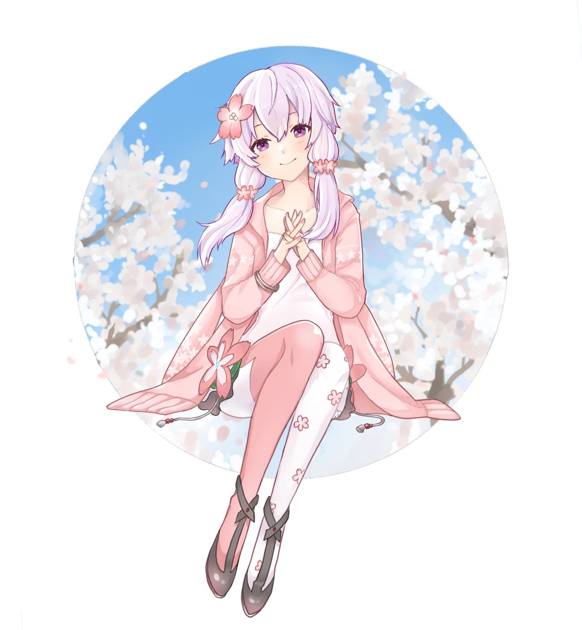 1girl binchou_maguro blue_sky bracelet branch cherry_blossom_print cherry_blossoms circle commentary floral_print flower full_body hair_flower hair_ornament hands_together highres interlocked_fingers jacket jewelry looking_at_viewer mismatched_legwear pink_jacket pink_legwear purple_hair round_image shirt short_hair_with_long_locks sidelocks sitting sky smile solo thigh-highs tree violet_eyes vocaloid voiceroid white_shirt yuzuki_yukari yuzuki_yukari_(onn)