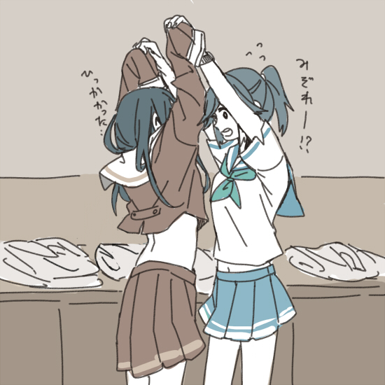 !? 2girls blue_hair blue_sailor_collar blue_skirt brown_shirt brown_skirt hands_up hibike!_euphonium kasaki_nozomi kitauji_high_school_uniform liz_to_aoi_tori multiple_girls neckerchief ree_(re-19) sailor_collar school_uniform shirt short_ponytail skirt translation_request white_sailor_collar white_shirt yoroizuka_mizore