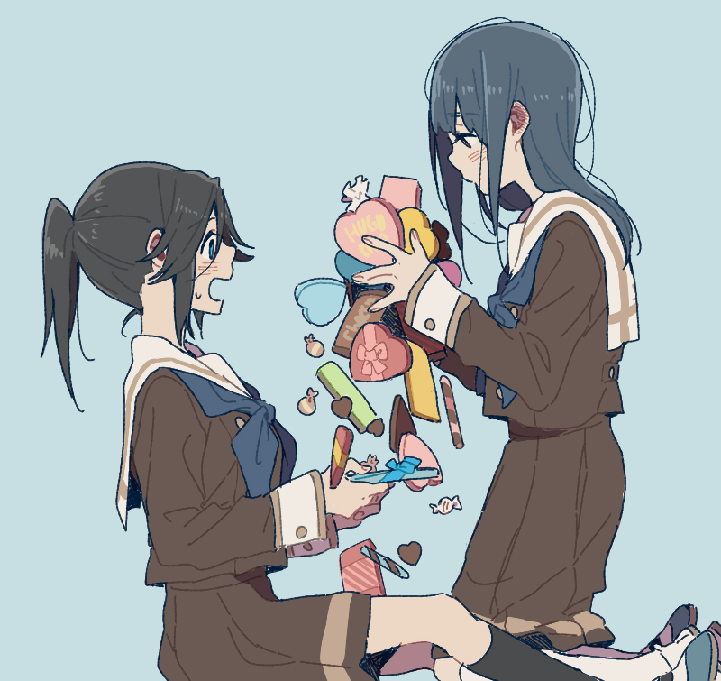 2girls bangs black_eyes black_hair black_legwear blue_background blue_eyes blue_footwear blue_hair blue_neckwear blush brown_skirt candy cardigan chocolate chocolate_heart closed_mouth commentary eyebrows_visible_through_hair food from_side hair_between_eyes heart hibike!_euphonium holding kasaki_nozomi kitauji_high_school_uniform kneehighs kneeling liz_to_aoi_tori long_hair long_sleeves looking_at_another multiple_girls neckerchief neckwear open_mouth ponytail ree_(re-19) sailor_collar school_uniform serafuku shoes simple_background sitting skirt uniform valentine white_sailor_collar yoroizuka_mizore yuri