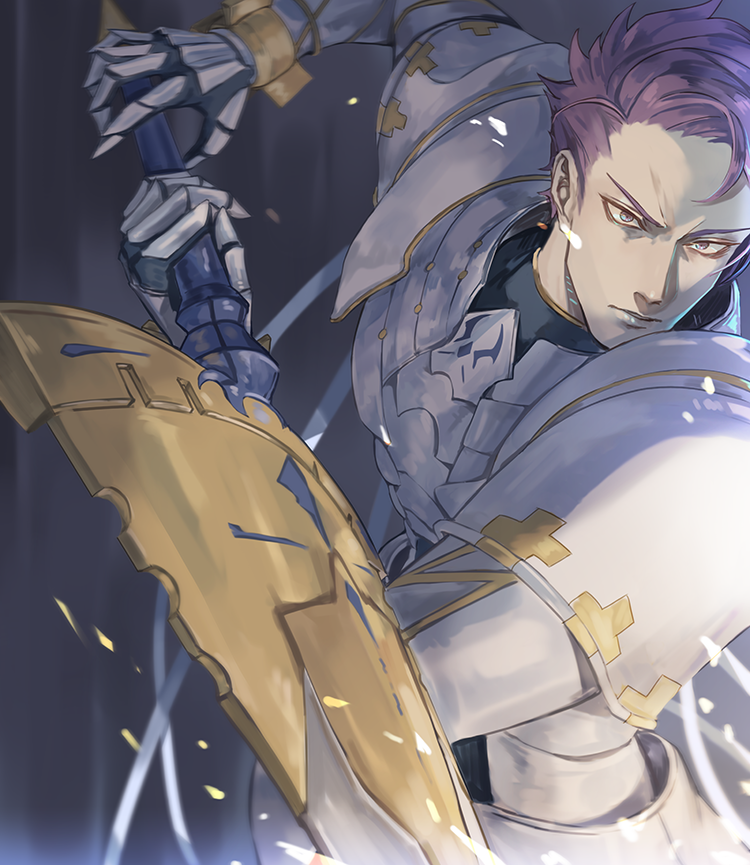 1boy armor cape close-up fate/grand_order fate_(series) fighting_stance gauntlets glitter holding holding_sword holding_weapon knight knights_of_the_round_table_(fate) lancelot_(fate/grand_order) looking_at_viewer male_focus purple_hair sword upper_body violet_eyes weapon yevnean