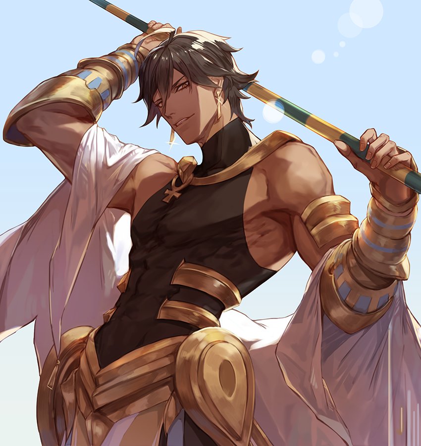 1boy ahoge arm_armor bangs black_hair cape clear_sky covered_abs covered_navel dark_skin dark_skinned_male earrings egyptian_clothes fate/grand_order fate_(series) glitter jewelry looking_at_viewer male_focus ozymandias_(fate) smile sunlight tight white_cape yellow_eyes yevnean