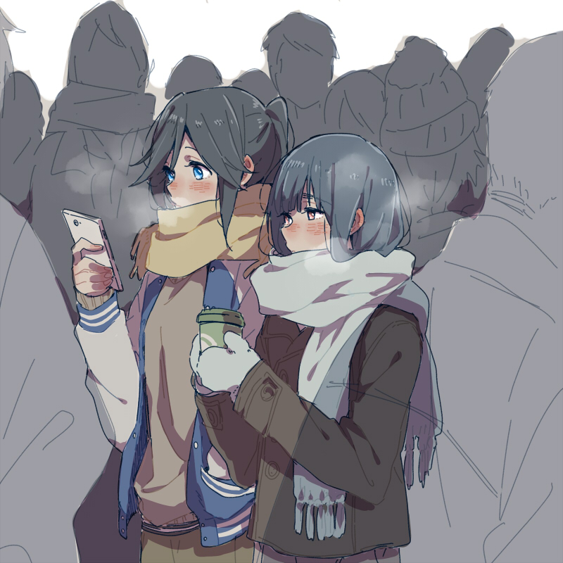 2girls bangs black_hair blue_eyes blue_hair blush breath cellphone coat cold commentary_request cup eyebrows_visible_through_hair from_side grey_coat grey_mittens grey_scarf hair_between_eyes hibike!_euphonium holding holding_cup holding_phone jacket kasaki_nozomi liz_to_aoi_tori long_hair long_sleeves looking_to_the_side mittens multiple_girls phone ponytail ree_(re-19) scarf walking white_sleeves winter winter_clothes yellow_scarf yoroizuka_mizore