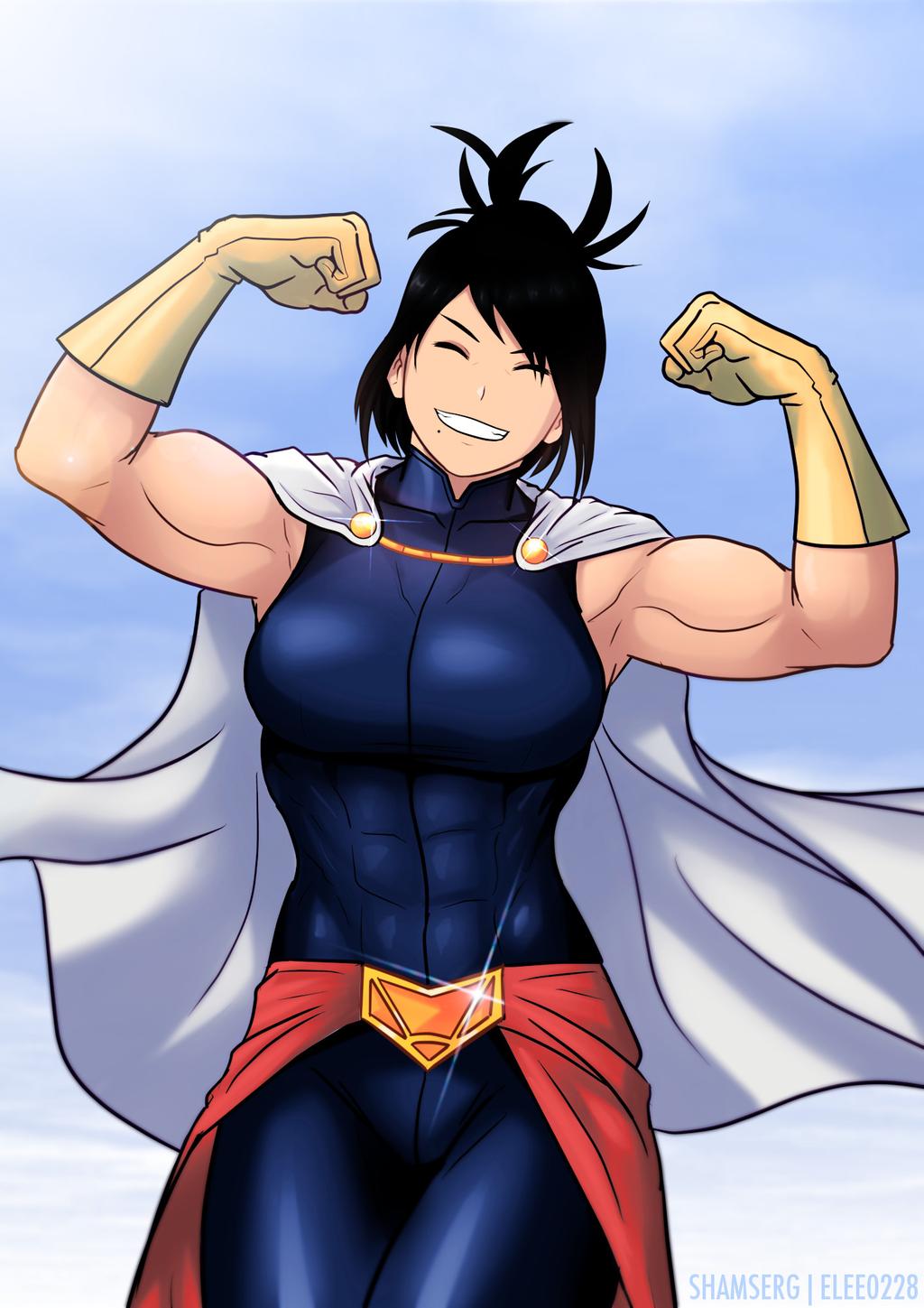 1girl abs biceps black_hair bodysuit boku_no_hero_academia cape closed_eyes clouds commission edited elee0228 flexing gloves highres muscle muscular_female pose red_gloves shamserg shimura_nana short_hair sky smile solo teeth third-party_edit tight watermark white_cape