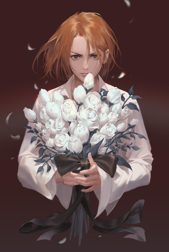 1boy black_ribbon bouquet brown_hair bud closed_mouth collared_shirt floating_hair flower hair_between_eyes holding holding_bouquet hyde_(l'arc~en~ciel) jimyo l'arc~en~ciel light_smile long_sleeves looking_at_viewer male_focus motion_blur petals red_background ribbon rose shirt simple_background solo white_flower white_rose white_shirt