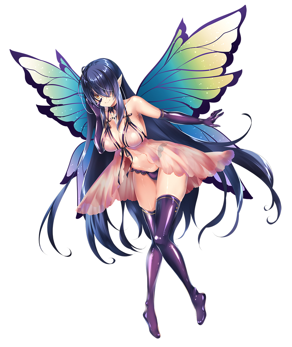 1girl black_hair butterfly_wings clea collarbone elbow_gloves gloves hair_over_one_eye long_bangs original simple_background solo white_background wings yellow_eyes zol