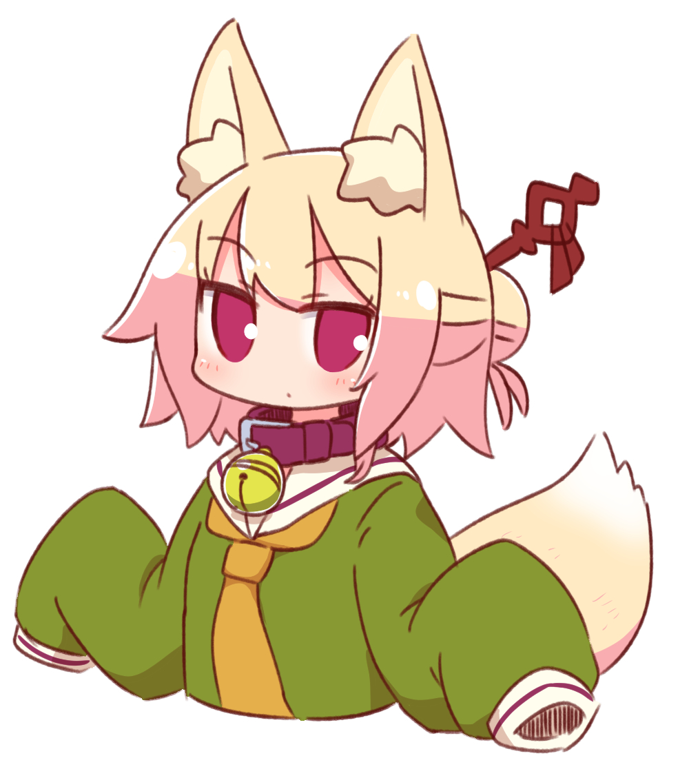 1girl animal_ear_fluff animal_ears bangs bell bell_collar blonde_hair blush brown_collar collar commentary_request cropped_torso eyebrows_visible_through_hair fox_ears fox_girl fox_tail green_shirt hair_bun hair_ornament hands_up jingle_bell kemomimi-chan_(naga_u) long_hair long_sleeves looking_at_viewer naga_u orange_neckwear original red_eyes shirt sidelocks simple_background sleeves_past_fingers sleeves_past_wrists solo tail tail_raised upper_body white_background