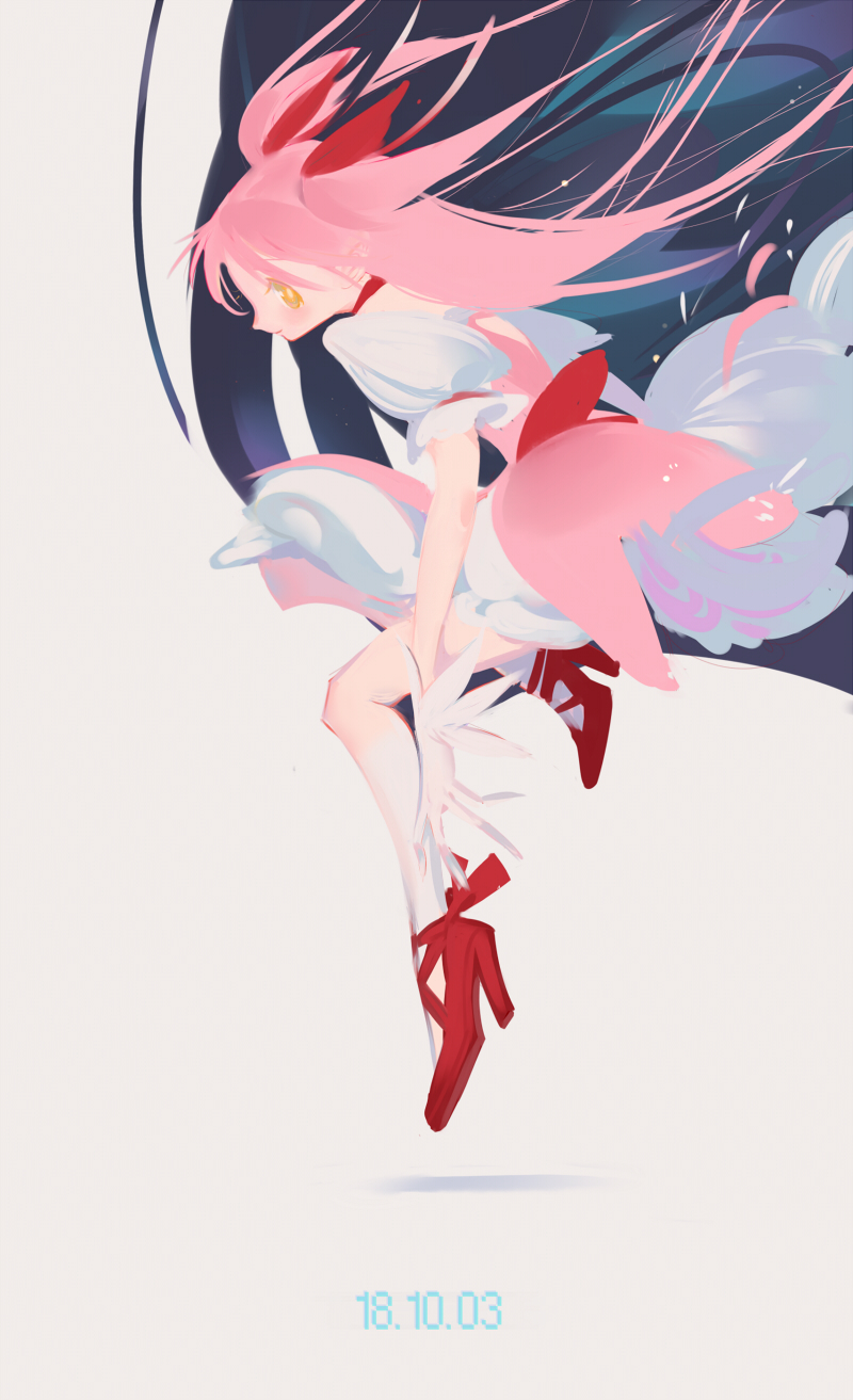 1girl 2018 ankle_ribbon bare_legs blush bubble_skirt closed_mouth commentary_request cross-laced_footwear dated floating_hair frilled_sleeves frills from_side full_body gloves goddess_madoka grey_background hair_ribbon happy highres kaname_madoka landing light_particles long_hair long_skirt looking_at_viewer mahou_shoujo_madoka_magica outstretched_arm outstretched_hand pink_hair profile puffy_short_sleeves puffy_sleeves red_footwear red_ribbon ribbon shadow she_li_(lynxm) short_sleeves simple_background skirt smile solo straight_hair transformation two_side_up very_long_hair white_gloves yellow_eyes