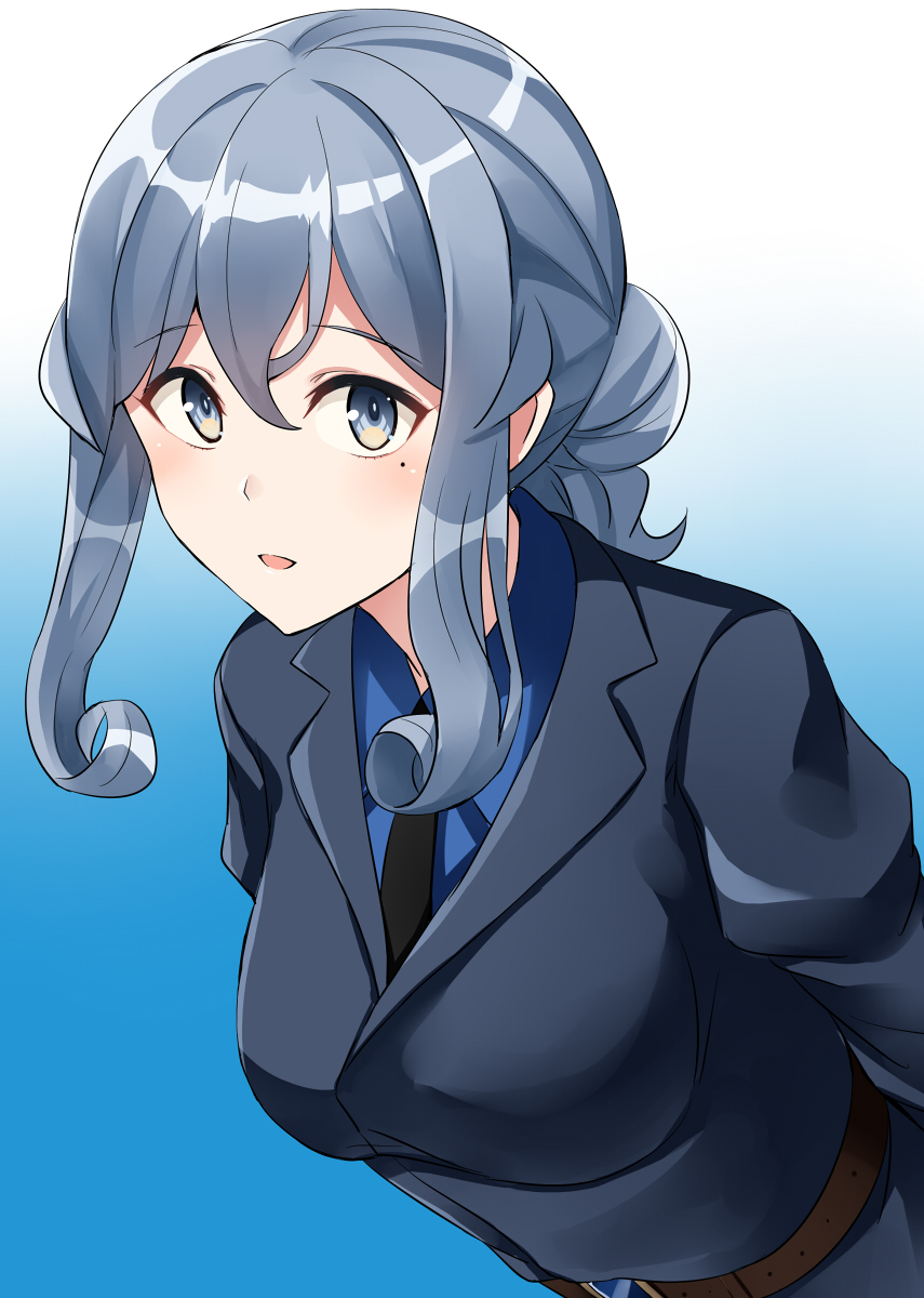 1girl artist_name black_neckwear blue_eyes blue_hair blush breasts collared_shirt dated eyebrows_visible_through_hair gotland_(kantai_collection) gradient gradient_background hair_between_eyes hair_bun highres kamelie kantai_collection long_hair long_sleeves looking_at_viewer military military_uniform mole mole_under_eye necktie open_mouth remodel_(kantai_collection) shirt sidelocks simple_background solo uniform