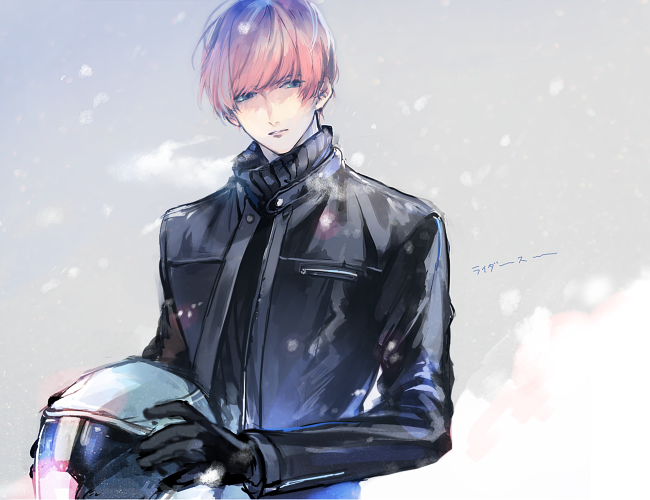 1boy bangs black_gloves black_jacket blunt_bangs breath gloves grey_background headwear_removed helmet helmet_removed jacket long_sleeves looking_away lupicam motorcycle_helmet narasaka_touru pink_hair snowing solo turtleneck upper_body world_trigger