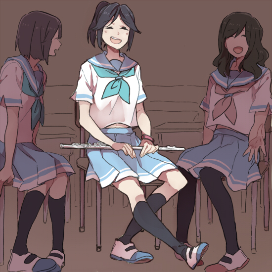 3girls black_hair black_legwear blue_sailor_collar blue_skirt chair closed_eyes flute hibike!_euphonium instrument kasaki_nozomi kitauji_high_school_uniform liz_to_aoi_tori multiple_girls neckerchief ree_(re-19) sailor_collar school_uniform shirt shoes short_ponytail sitting skirt socks solo_focus upper_teeth uwabaki watch watch white_shirt