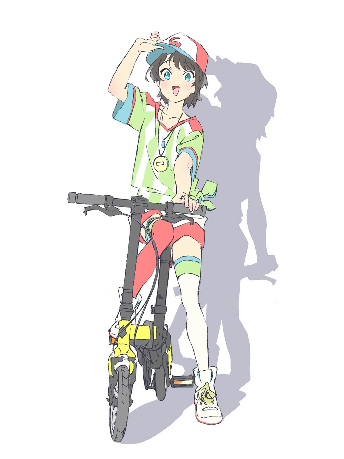 1girl adjusting_headwear arm_up asymmetrical_legwear bangs bicycle blue_eyes blush folding_bicycle ground_vehicle hat highres hololive looking_at_viewer marugayotsu oozora_subaru open_mouth shadow shirt shoes short_sleeves shorts sitting smile sneakers solo stopwatch striped striped_shirt swept_bangs t-shirt tied_shirt vertical-striped_shirt vertical_stripes virtual_youtuber watch white_background white_footwear