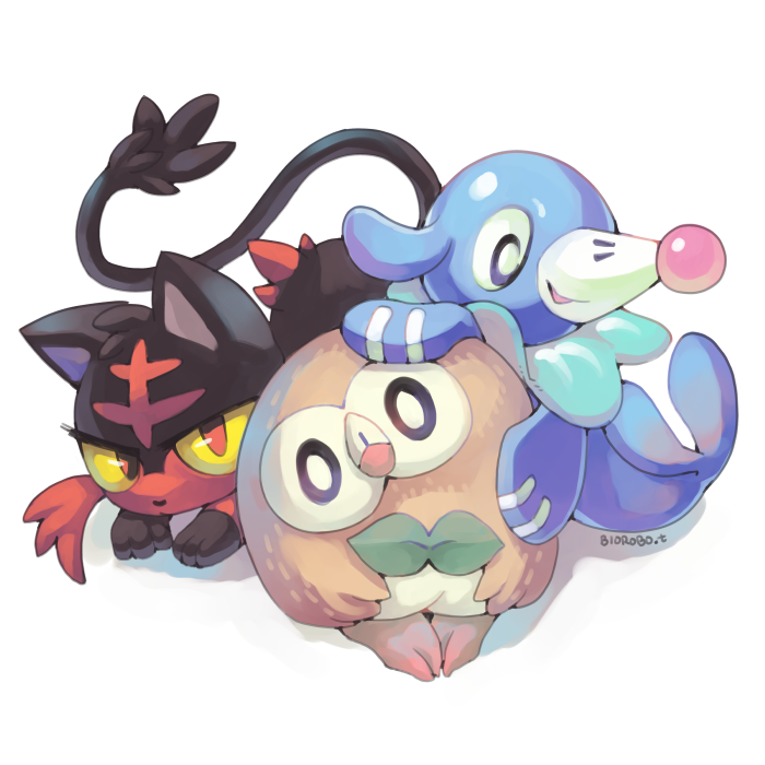 biorobo bird cat commentary creature english_commentary full_body gen_7_pokemon head_tilt litten looking_at_viewer no_humans pokemon pokemon_(creature) popplio red_eyes rowlet seal signature simple_background solo violet_eyes white_background yellow_sclera