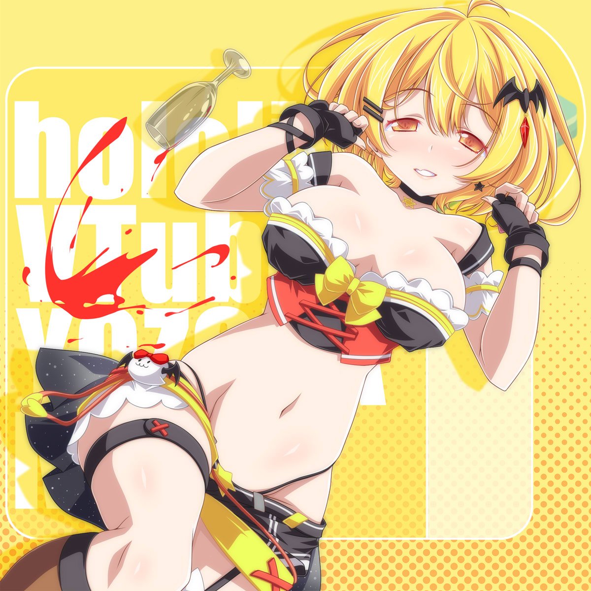 1girl alcohol armband background_text bangs bat_hair_ornament black_gloves black_panties black_shirt black_shorts blonde_hair boots breasts brown_footwear character_name cup drinking_glass eyebrows_visible_through_hair fingerless_gloves from_above gloves hair_ornament half-closed_eyes highleg highleg_panties highres hololive kikuchi_tsutomu large_breasts looking_at_viewer looking_back micro_shorts navel panties parted_lips polka_dot polka_dot_background shadow shirt short_hair shorts smile solo spill strapless string_panties tubetop underwear vampire virtual_youtuber w_arms wine wine_glass yellow_background yellow_eyes yellow_theme yozora_mel