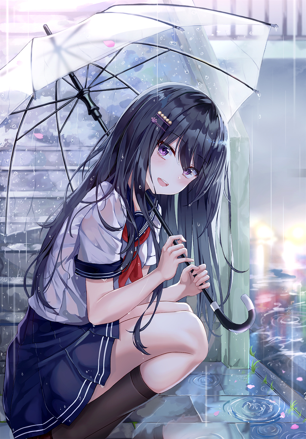 1girl black_hair black_legwear blue_skirt hair_ornament hairclip head_tilt highres lkeris loafers long_hair looking_at_viewer miniskirt neckerchief original outdoors pleated_skirt rain ripples sailor_collar school_uniform serafuku shirt shoes short_sleeves skirt smile socks solo squatting transparent transparent_umbrella umbrella violet_eyes water white_shirt