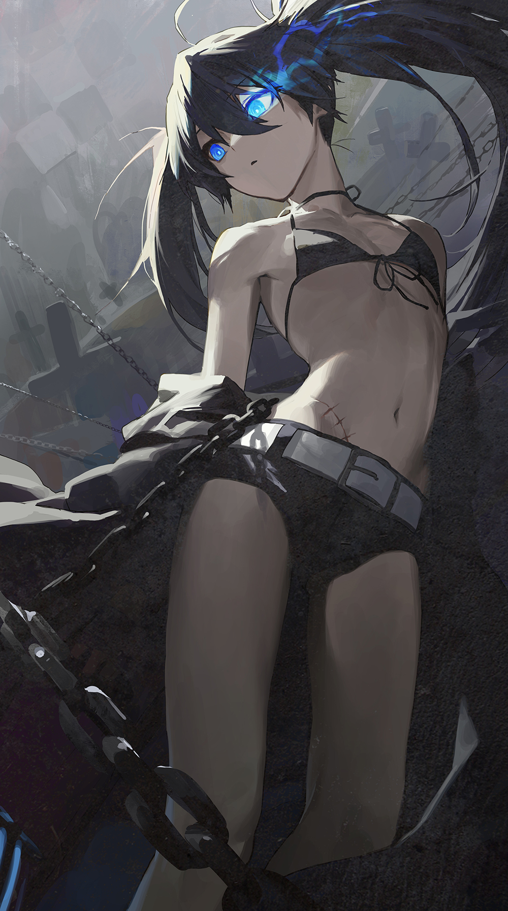 1girl belt black_bra black_hair black_rock_shooter black_rock_shooter_(character) blue_eyes bra breasts chain checkered fire flaming_eye glowing glowing_eyes highres long_hair mossi navel shorts small_breasts stitches underwear