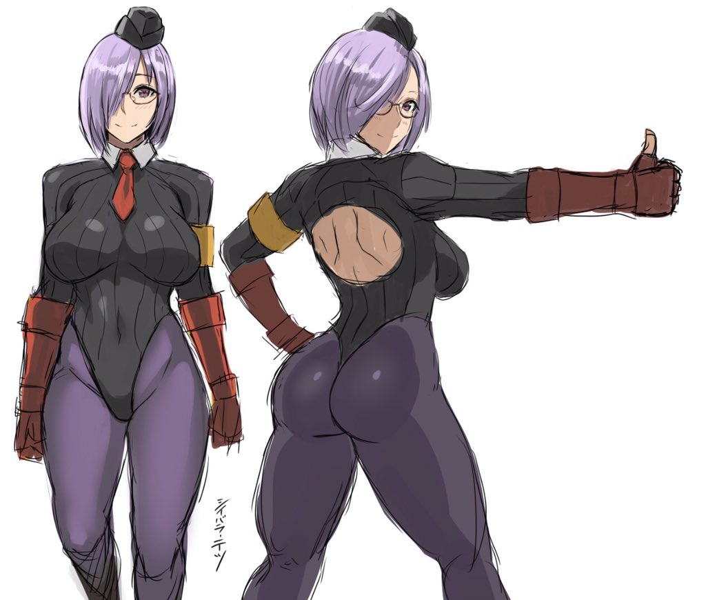 1girl ass breasts cosplay fate/grand_order fate_(series) garrison_cap glasses gloves hair_over_one_eye hat large_breasts leotard looking_at_viewer mash_kyrielight multiple_views necktie purple_hair shibusun short_hair simple_background sketch smile street_fighter thumbs_up vega vega_(cosplay) violet_eyes white_background