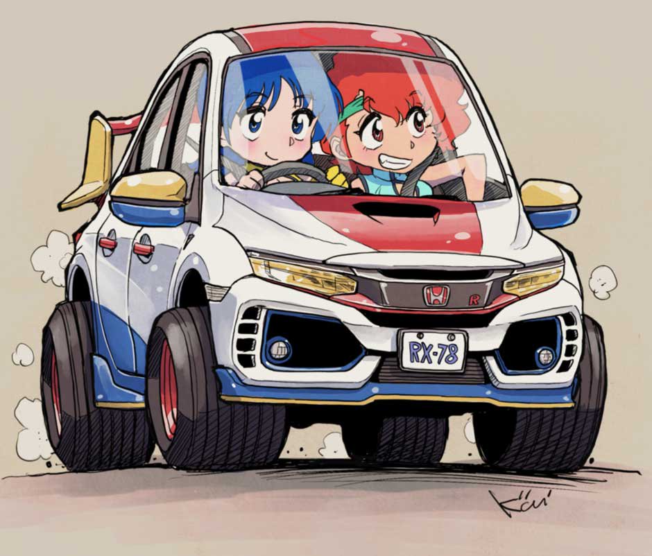 2girls blue_eyes blue_hair car chibi dirty_pair driving green_headband ground_vehicle gundam headband honda honda_civic kei_(dirty_pair) kiichi motor_vehicle multiple_girls parody red_eyes redhead rx-78-2 short_hair yuri_(dirty_pair)