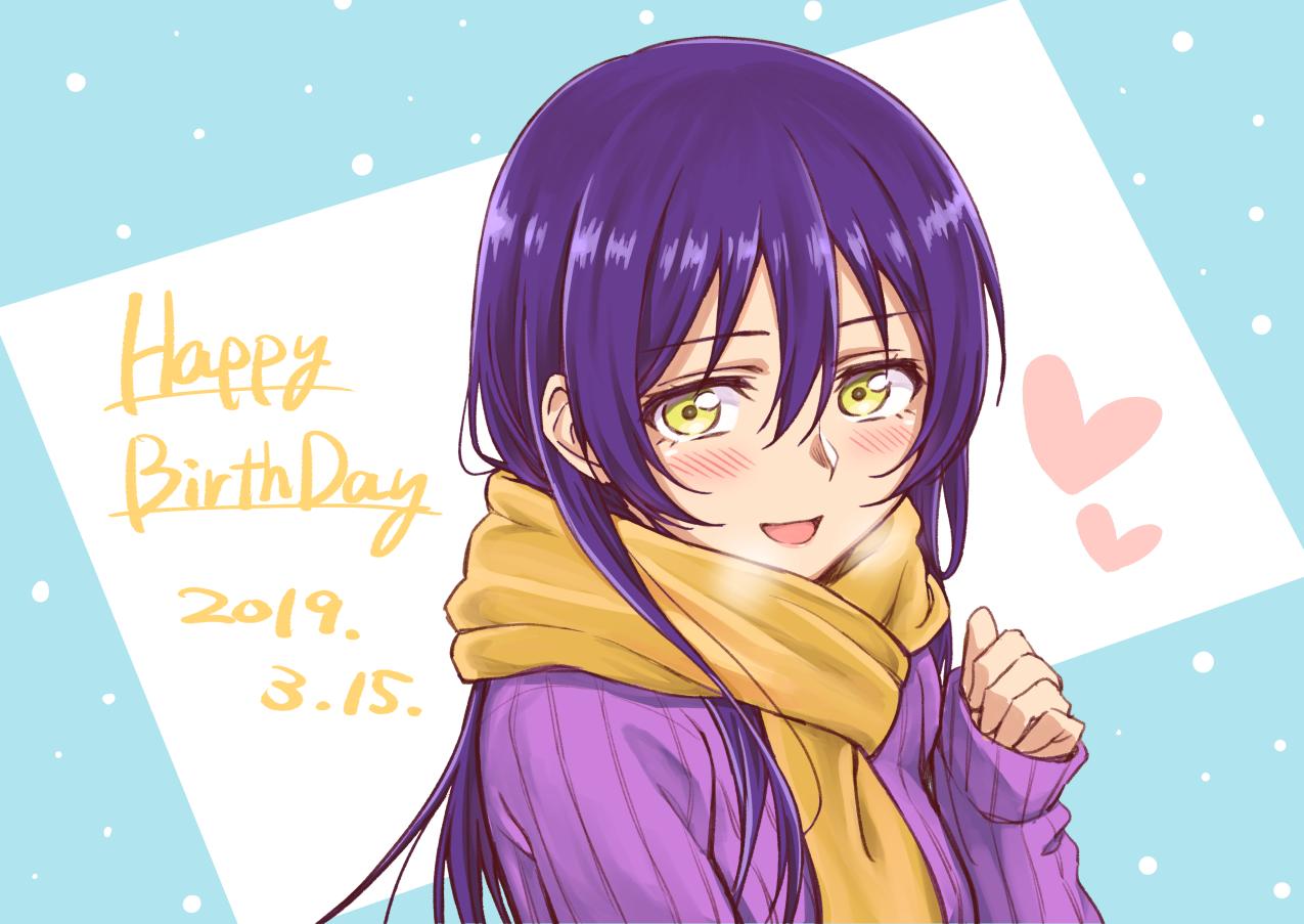 1girl bangs blue_hair blush dated hair_between_eyes happy_birthday kyuusenbinore_(gavion) long_hair long_sleeves looking_at_viewer love_live! love_live!_school_idol_project open_mouth scarf simple_background smile solo sonoda_umi yellow_eyes