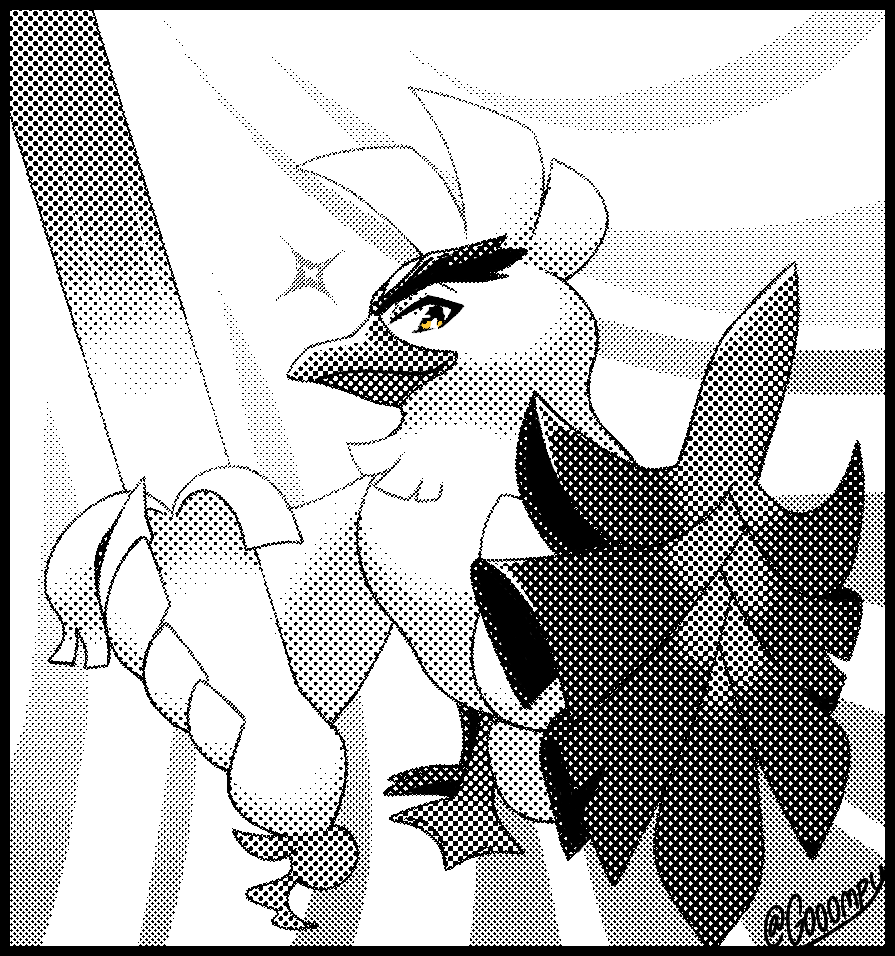 bird bird_focus commentary creature english_commentary full_body gen_8_pokemon gooompy halftone holding holding_sword holding_weapon looking_at_viewer no_humans partially_colored pokemon pokemon_(creature) polka_dot signature simple_background sirfetch'd solo sword weapon white_background yellow_eyes