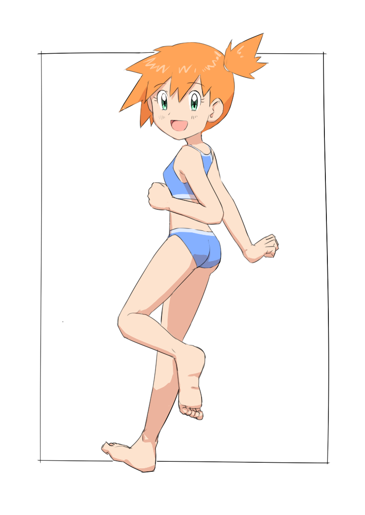 1girl ass breasts feet green_eyes gym_leader kasumi_(pokemon) looking_at_viewer midriff nyonn24 open_mouth orange_hair pokemon pokemon_(game) pokemon_rgby short_hair side_ponytail simple_background smile solo swimsuit white_background