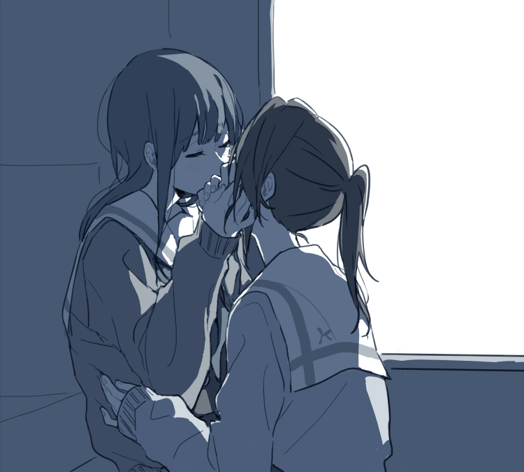 black_hair blue_hair closed_eyes covering_mouth eyebrows_visible_through_hair hand_kiss hibike!_euphonium kasaki_nozomi kiss kitauji_high_school_uniform long_hair neckerchief ree_(re-19) school_uniform serafuku short_ponytail sitting sweater yoroizuka_mizore