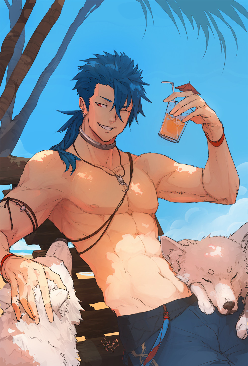 1boy armlet bangs blue_hair blue_sky bracelet chair cocktail_umbrella cu_chulainn_(fate)_(all) cu_chulainn_(fate/prototype) dated dog drinking_straw earrings english_commentary fate/grand_order fate_(series) grin hand_up highres holding_drink jewelry lancer looking_at_animal looking_down low_ponytail male_focus muscle navel neck_ring necklace nipples one_eye_closed outdoors palm_tree petting ponytail red_eyes shirtless signature sitting sky smile sol_ferrari solo summer topless tree