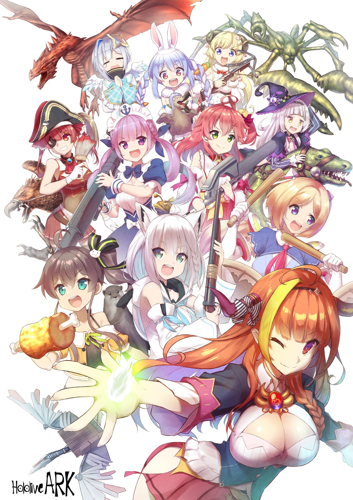 6+girls aki_rosenthal amane_kanata animal_ears ark_survival_evolved boned_meat bunny_girl copyright_name creature dinosaur eyepatch food gun hat highres hololive hoppege houshou_marine kiryuu_coco meat minato_aqua multiple_girls murasaki_shion natsuiro_matsuri pirate_hat rabbit_ears sakura_miko sheep_girl shirakami_fubuki shotgun tagme tsunomaki_watame usada_pekora virtual_youtuber weapon witch_hat