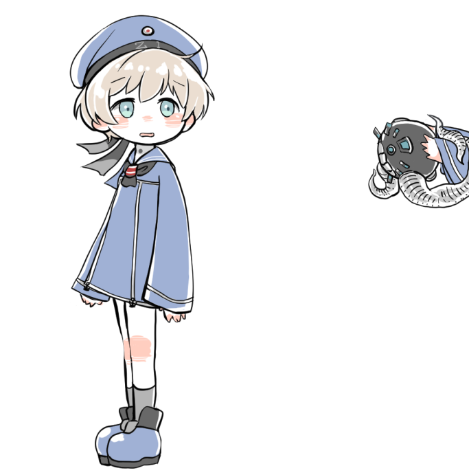 2girls aqua_eyes bangs blush clothes_writing dress enemy_naval_mine_(kantai_collection) grey_hair hat kantai_collection karin_bluez3 long_hair multiple_girls open_mouth out_of_frame sailor_collar sailor_dress sailor_hat shinkaisei-kan short_hair simple_background socks standing tentacles white_background z1_leberecht_maass_(kantai_collection) z3_max_schultz_(kantai_collection)