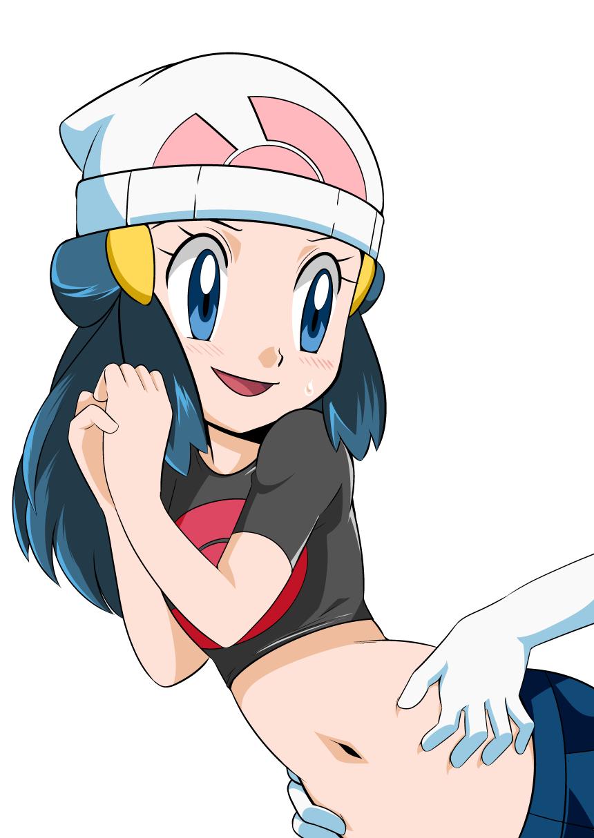 1girl alternate_costume beanie belly_tickling blue_eyes blue_hair breasts denim groping hainchu hair_ornament hat highres hikari_(pokemon) jeans long_hair open_mouth pants pokemon pokemon_(game) pokemon_dppt simple_background smile tickling white_background