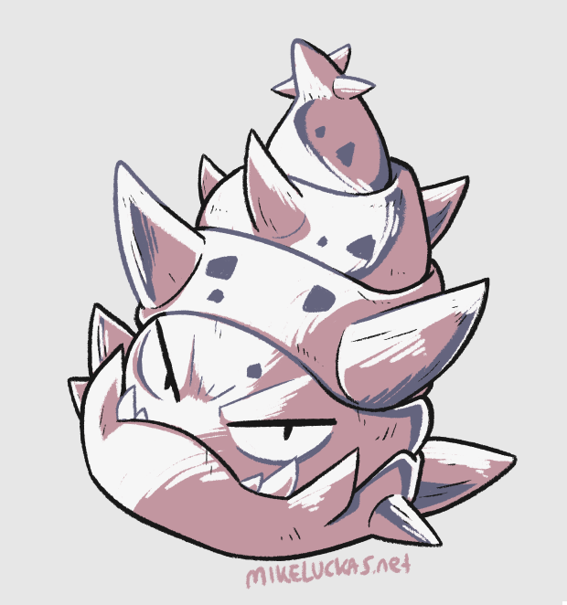 beta_pokemon closed_mouth commentary english_commentary full_body greyscale looking_at_viewer mike_luckas monochrome no_humans pokemon pokemon_(game) pokemon_gsc pokemon_gsc_beta prototype signature simple_background solo spikes turban_(slowbro's_shell) white_background