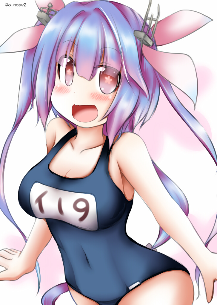 1girl blue_hair breasts collarbone cowboy_shot fang hair_ribbon i-19_(kantai_collection) kantai_collection large_breasts long_hair looking_at_viewer name_tag ouno_(nounai_disintegration) red_eyes ribbon school_swimsuit skin_fang smile solo star star-shaped_pupils swimsuit symbol-shaped_pupils tri_tails twintails twitter_username
