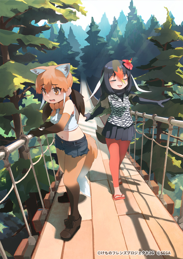 2girls animal_ears bare_shoulders blonde_hair bow bowtie brown_eyes brown_hair closed_eyes copyright cropped_shirt cutoffs day elbow_gloves eyebrows_visible_through_hair flower forest gloves grey_hair hair_between_eyes hair_flower hair_ornament hanging_bridge kemono_friends leggings legwear_under_shorts light_brown_hair long_hair maned_wolf_(kemono_friends) midriff multicolored_hair multiple_girls nature navel official_art okinawa_rail_(kemono_friends) open_mouth outdoors pantyhose redhead rope_bridge saltlaver sandals scared shirt shoes short_shorts short_sleeves shorts skirt sleeveless sleeveless_shirt smile standing stomach tail tearing_up tree twintails vest walking white_hair wolf_ears wolf_tail wooden_bridge