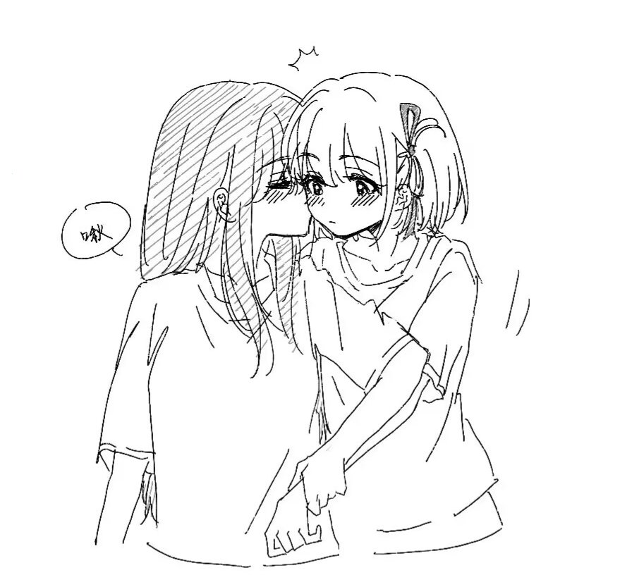 2girls blush closed_eyes closed_mouth collarbone commentary doodle943545 greyscale hair_ribbon hashtag_only_commentary holding_another's_wrist inoue_takina kiss kissing_cheek long_hair lycoris_recoil monochrome multiple_girls nishikigi_chisato one_side_up ribbon shirt short_hair sidelocks simple_background sketch translation_request upper_body yuri