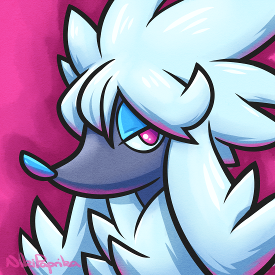 commentary creature dog dog_focus english_commentary furfrou furfrou_(normal) gen_6_pokemon looking_at_viewer nikipaprika no_humans pokemon pokemon_(creature) purple_background shadow signature simple_background solo violet_eyes