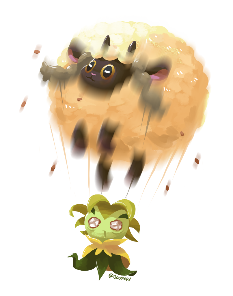 :3 black_eyes brown_eyes closed_mouth commentary creature eldegoss english_commentary full_body gen_8_pokemon gooompy horns jumping motion_lines no_humans pokemon pokemon_(creature) signature transparent_background wooloo