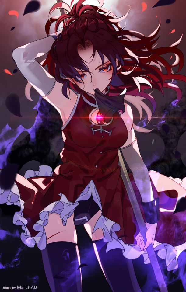 1girl arm_behind_back black_legwear black_panties commentary contrapposto detached_sleeves glowing hair_over_one_eye long_hair looking_at_viewer mahou_shoujo_madoka_magica marchab_66 mouth_hold panties polearm red_eyes redhead sakura_kyouko skindentation solo soul_gem spear thigh-highs thighs underwear weapon zettai_ryouiki