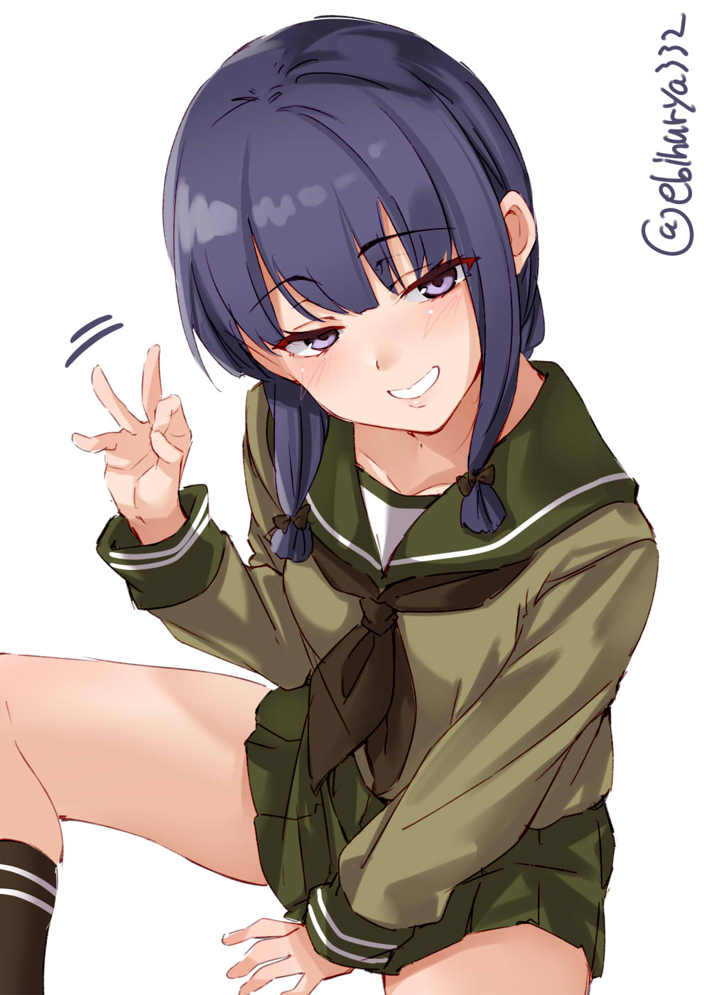 1girl bangs black_hair black_legwear blunt_bangs blush brown_neckwear ebifurya eyebrows_visible_through_hair green_sailor_collar green_skirt highres kantai_collection kitakami_(kantai_collection) kneehighs lips long_hair long_sleeves motion_lines neckerchief open_mouth pleated_skirt sailor_collar school_uniform serafuku sidelocks simple_background skirt smile solo twitter_username violet_eyes white_background