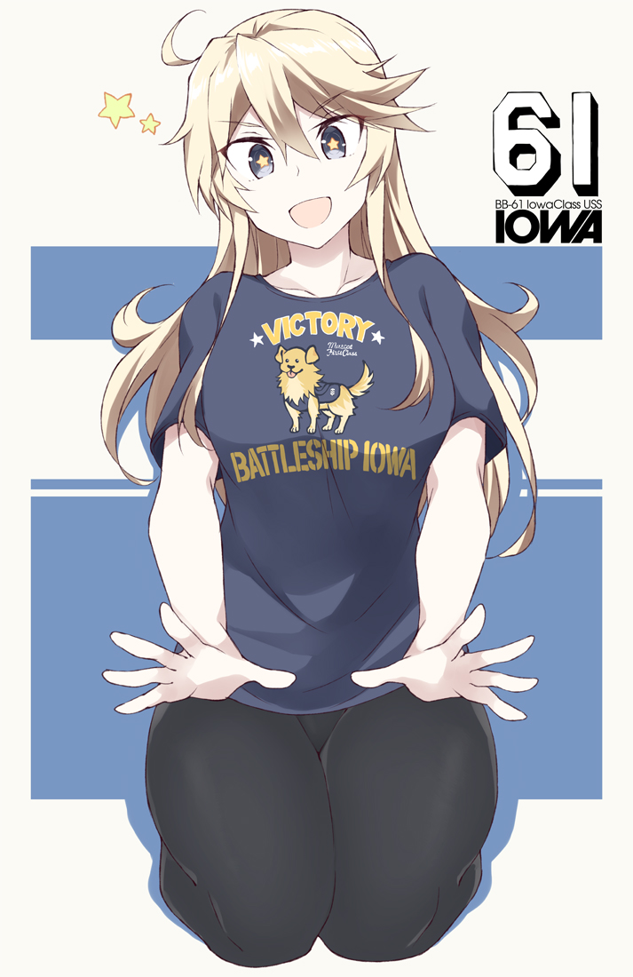 1girl :d alternate_costume black_legwear blonde_hair blue_eyes blue_shirt character_name clothes_writing collarbone eyebrows_visible_through_hair hair_between_eyes iowa_(kantai_collection) kantai_collection long_hair open_mouth pantyhose seiza shirt short_sleeves sitting smile solo souji star star-shaped_pupils symbol-shaped_pupils