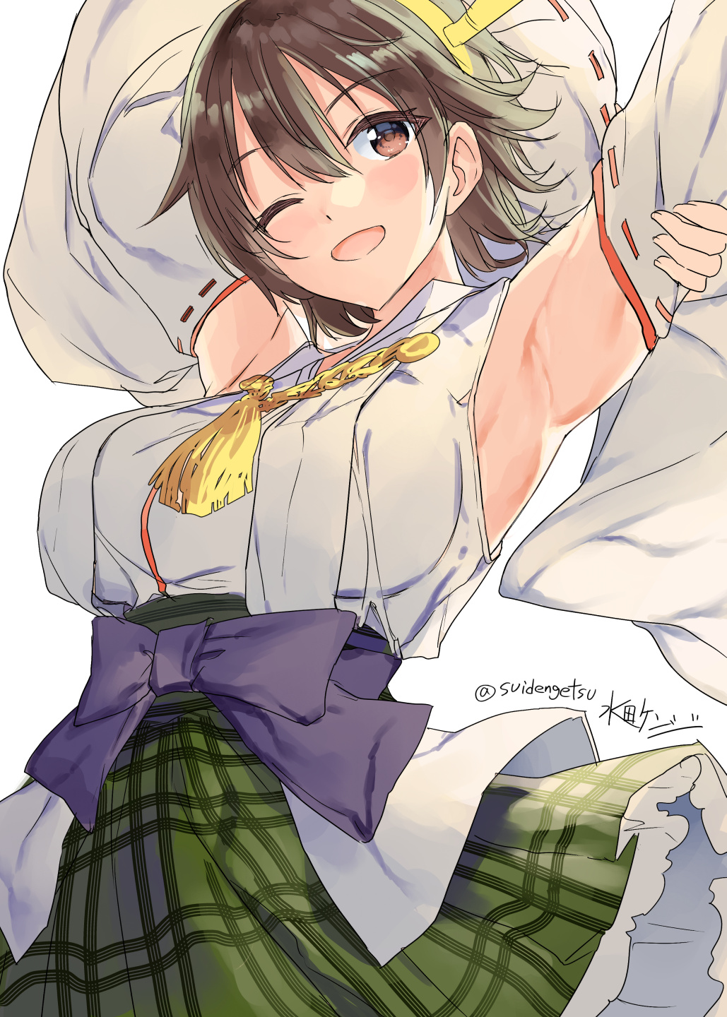 1girl alternate_eye_color armpits artist_name bare_shoulders blush brown_eyes brown_hair detached_sleeves eyebrows_visible_through_hair green_skirt hair_between_eyes headgear hiei_(kantai_collection) highres japanese_clothes kantai_collection mizuta_kenji nontraditional_miko one_eye_closed open_mouth plaid plaid_skirt pleated_skirt remodel_(kantai_collection) ribbon-trimmed_sleeves ribbon_trim short_hair simple_background skirt smile solo twitter_username white_background wide_sleeves