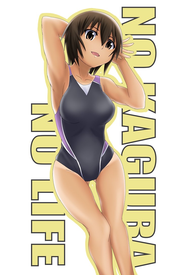 1girl arms_behind_head ass_visible_through_thighs azumanga_daioh background_text black_hair black_swimsuit brown_eyes commentary_request competition_swimsuit feet_out_of_frame kagura_(azumanga_daiou) leaning_to_the_side morichan one-piece_swimsuit open_mouth short_hair solo standing swimsuit tan tanline thigh_gap white_background