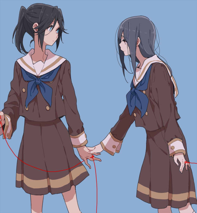 2girls :o bangs black_hair blue_background blue_neckwear brown_eyes brown_skirt cardigan closed_mouth commentary_request facing_viewer from_side hair_between_eyes hibike!_euphonium holding_hand kasaki_nozomi liz_to_aoi_tori long_hair long_sleeves looking_at_another looking_down multiple_girls neckwear parted_lips ponytail red_string ree_(re-19) sailor_collar school_uniform serafuku sidelocks simple_background skirt standing string thread uniform white_sailor_collar yoroizuka_mizore