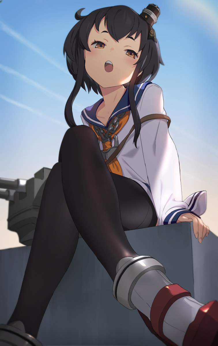 1girl anchor anchor_symbol bangs black_hair black_legwear blue_sailor_collar blush brown_eyes chain crossed_legs day dress hat headgear highres kantai_collection keemu_(occhoko-cho) long_sleeves machinery mini_hat open_mouth pantyhose rigging sailor_collar sailor_dress shirt short_hair_with_long_locks sitting sky solo tied_shirt tokitsukaze_(kantai_collection) yellow_neckwear