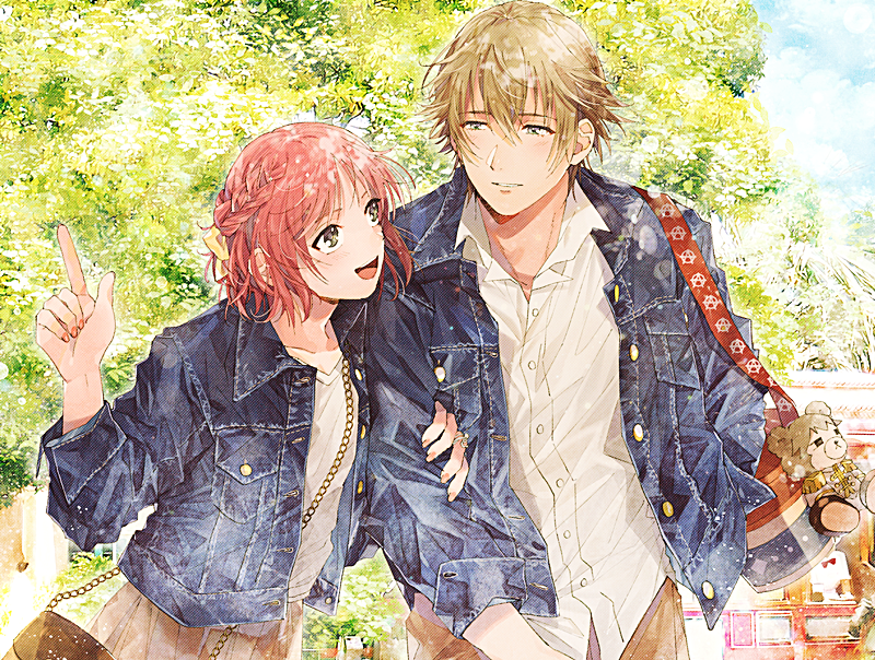 1boy 1girl :d bag bangs bow braid brown_hair brown_pants brown_skirt building collared_shirt couple day denim denim_jacket dress_shirt eye_contact green_eyes hair_bow hazuki_kei_(tokimemo_gs) hetero index_finger_raised jacket long_sleeves looking_at_another matching_outfit miki_(minkqs) nail_polish open_clothes open_jacket open_mouth orange_nails outdoors pants parted_lips pink_hair plant pleated_skirt pointing protagonist_(tokimemo_gs1) shirt short_hair shoulder_bag skirt sky sleeve_cuffs smile stuffed_animal stuffed_toy t-shirt teddy_bear tokimeki_memorial tokimeki_memorial_girl's_side unbuttoned upper_body white_shirt wing_collar