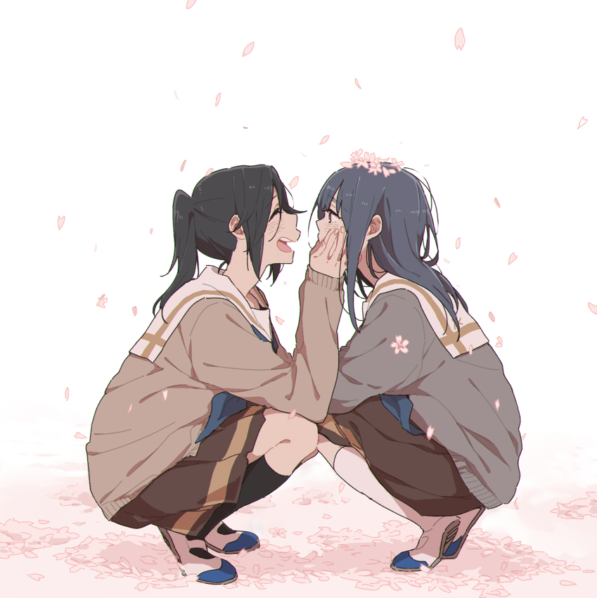 2girls bangs black_hair black_legwear blue_hair blush brown_eyes brown_skirt cardigan closed_mouth commentary eyebrows_visible_through_hair flower flower_on_head from_side full_body hair_between_eyes hands_on_another's_cheeks hands_on_another's_face hibike!_euphonium kasaki_nozomi kitauji_high_school_uniform kneehighs long_hair long_sleeves looking_at_another looking_at_viewer multiple_girls neckerchief open_mouth petals pink_flower ponytail ree_(re-19) sailor_collar school_uniform serafuku shoes sidelocks simple_background sitting skirt smile teeth white_background white_footwear white_legwear white_sailor_collar yoroizuka_mizore yuri