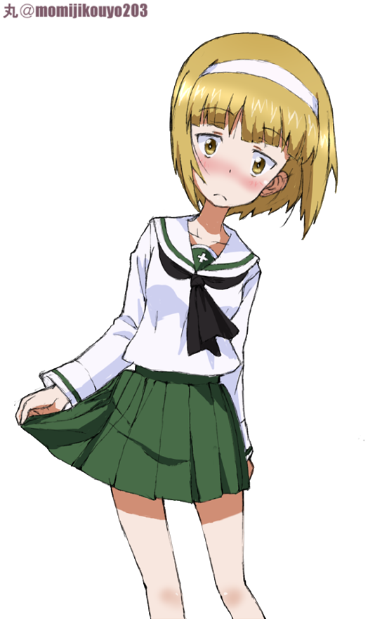 1girl artist_name bangs blonde_hair blunt_bangs blush closed_mouth commentary cosplay cutlass_(girls_und_panzer) eyebrows_visible_through_hair frown girls_und_panzer hairband kayabakoro leaning_to_the_side looking_at_viewer ooarai_school_uniform reizei_mako reizei_mako_(cosplay) school_uniform short_hair simple_background skirt_hold solo standing twitter_username white_background white_hairband yellow_eyes