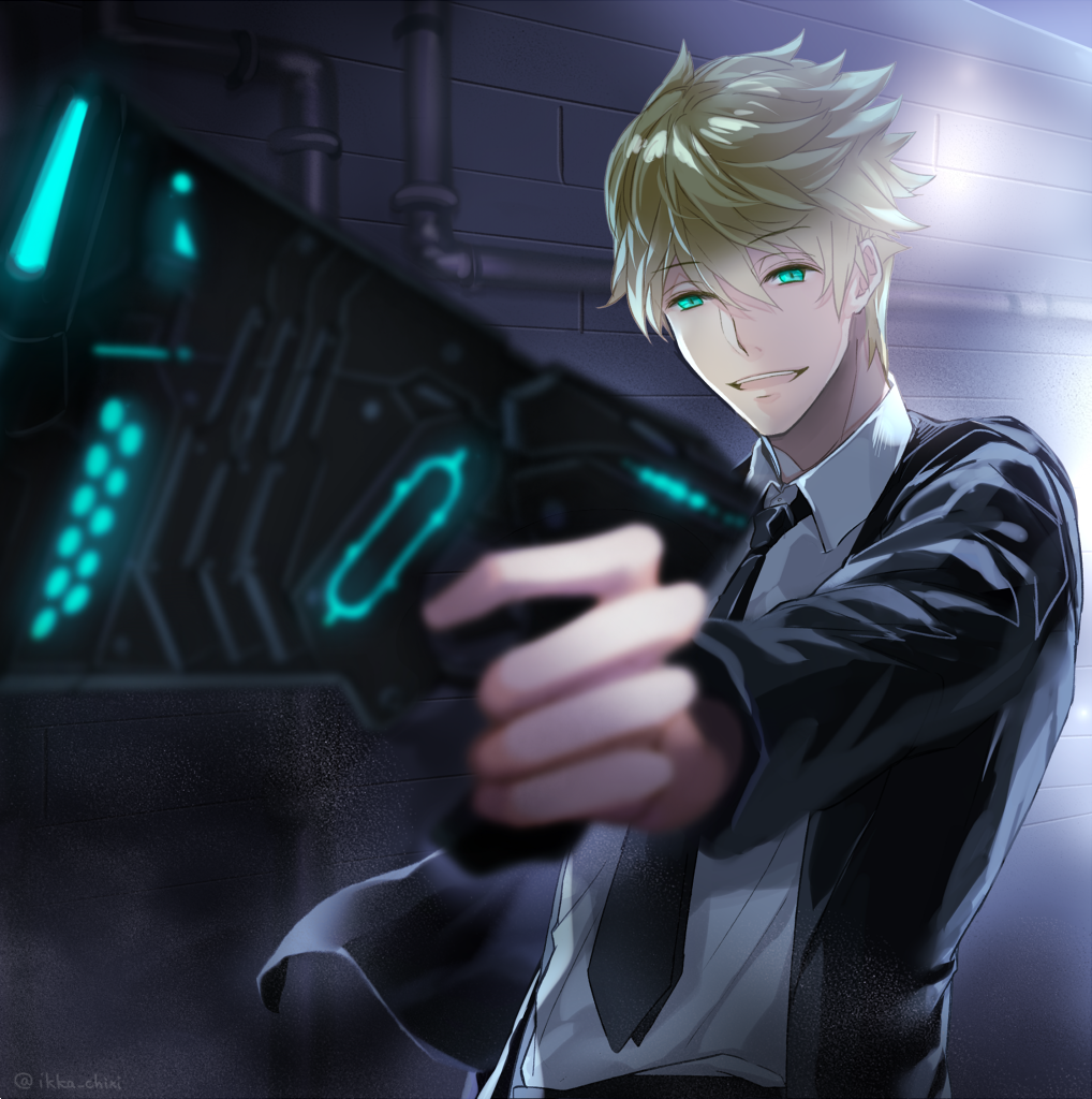 1boy aiming black_jacket black_neckwear blurry chixi collared_shirt depth_of_field dominator_(gun) formal glowing glowing_eyes glowing_weapon green_eyes gun holding holding_gun holding_weapon inukai_sumiharu jacket long_sleeves male_focus necktie open_clothes open_jacket outstretched_arm parody pipes psycho-pass shirt smile solo suit upper_body wall weapon world_trigger