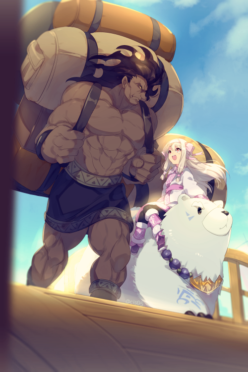 1boy 1girl abs ainu_clothes animal bangs bear berserker black_hair black_legwear blush carrying_bag cis05 dark_skin dark_skinned_male dress eyebrows_visible_through_hair fate/grand_order fate_(series) greek_clothes hair_between_eyes hairband jewelry long_hair long_sleeves muscle necklace open_mouth polar_bear red_eyes shirou_(fate/grand_order) sidelocks sitonai smile thighs white_hair wide_sleeves